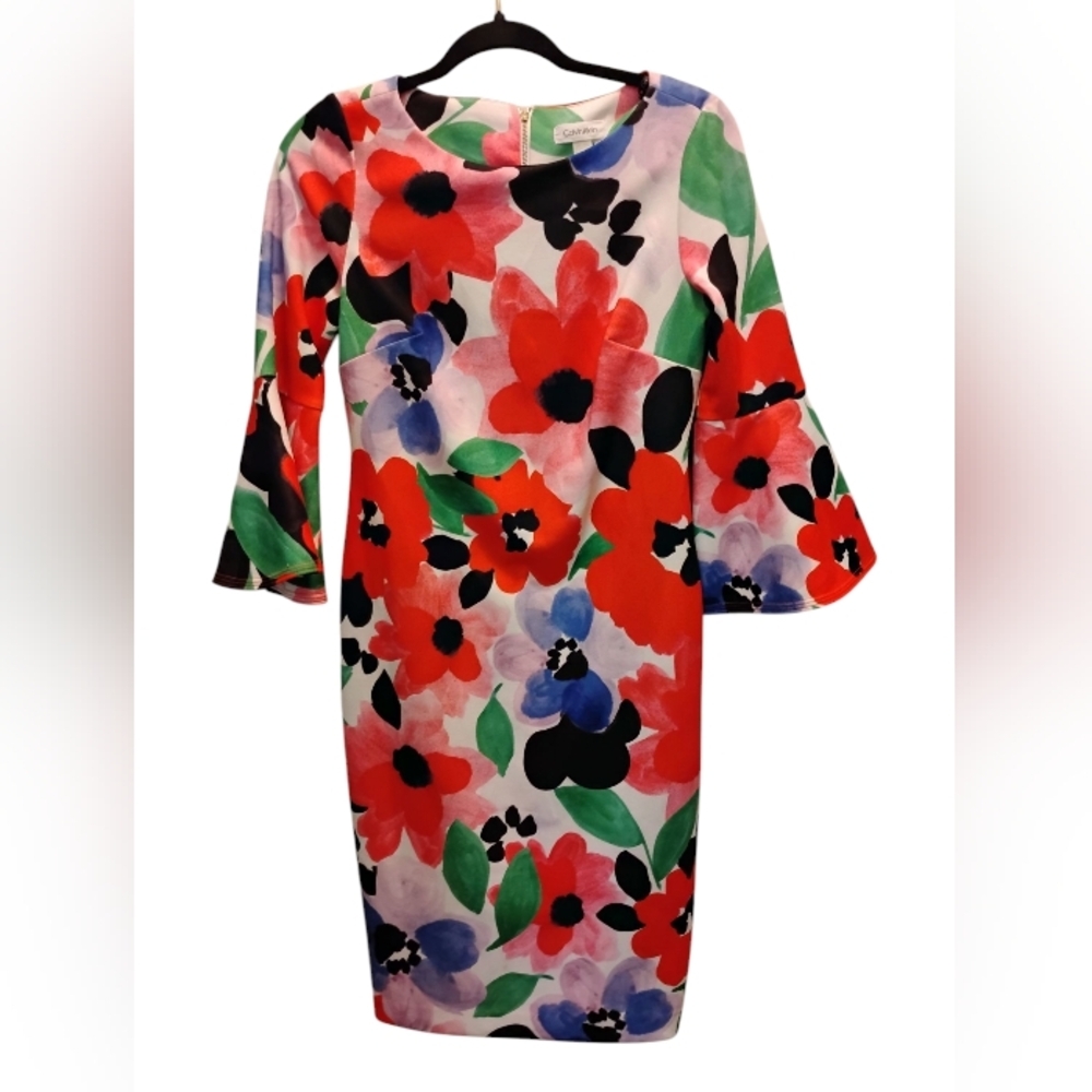 NWOT Calvin Klein Floral Bell Sleeve Sheath Dress Multicolor – Women’s Size 4